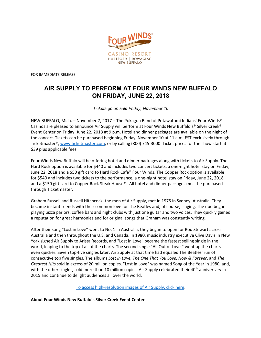 Air Supply to Perform at Four Winds New Buffalo on Friday, June 22, 2018