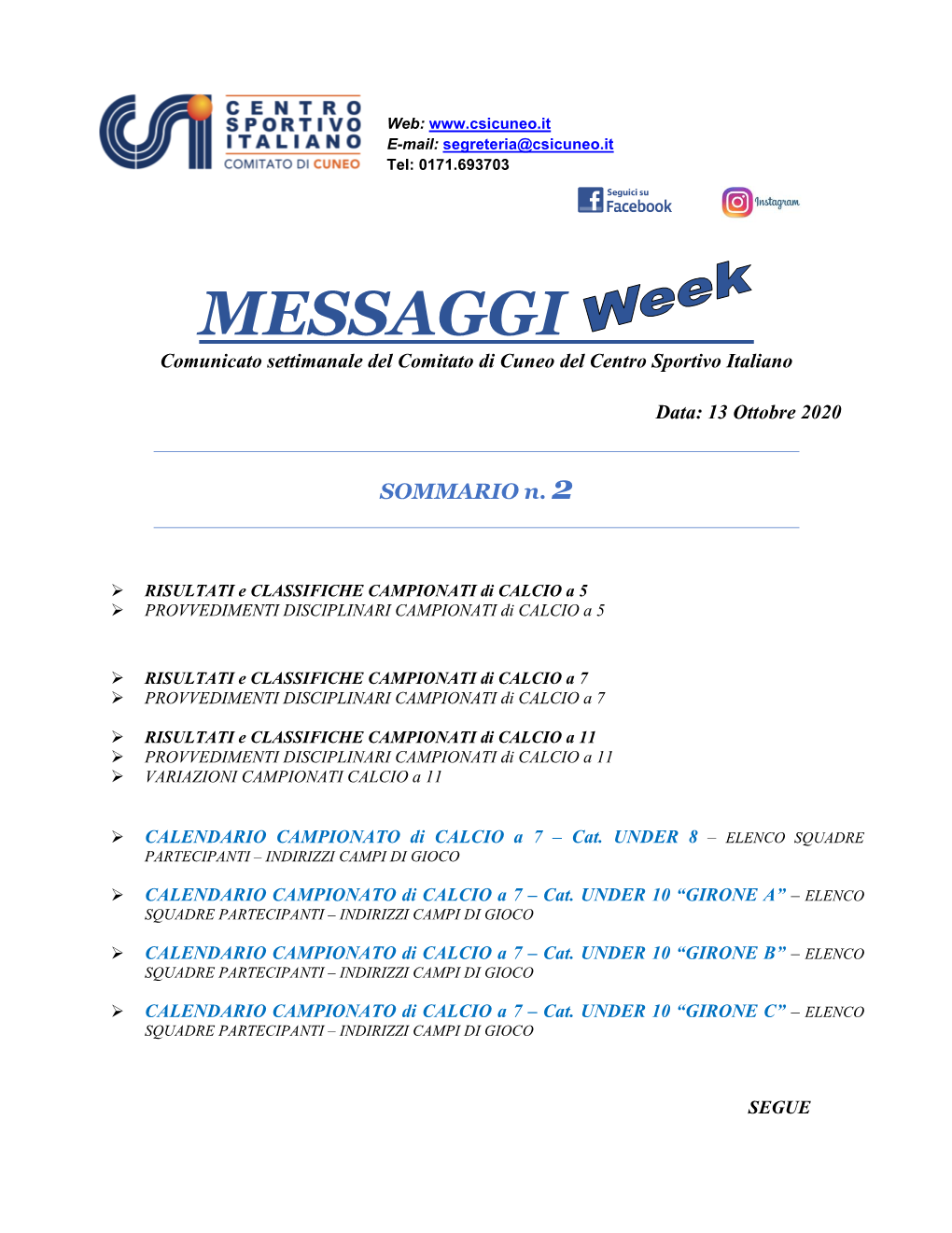 MESSAGGI Comunicato Settimanale Del Comitato Di Cuneo Del Centro Sportivo Italiano Data: 13 Ottobre 2020