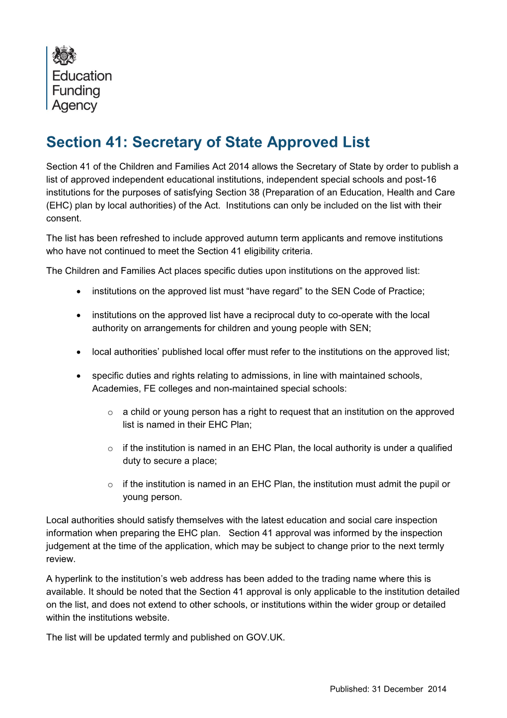 Section 41: Secretary of State Approved List