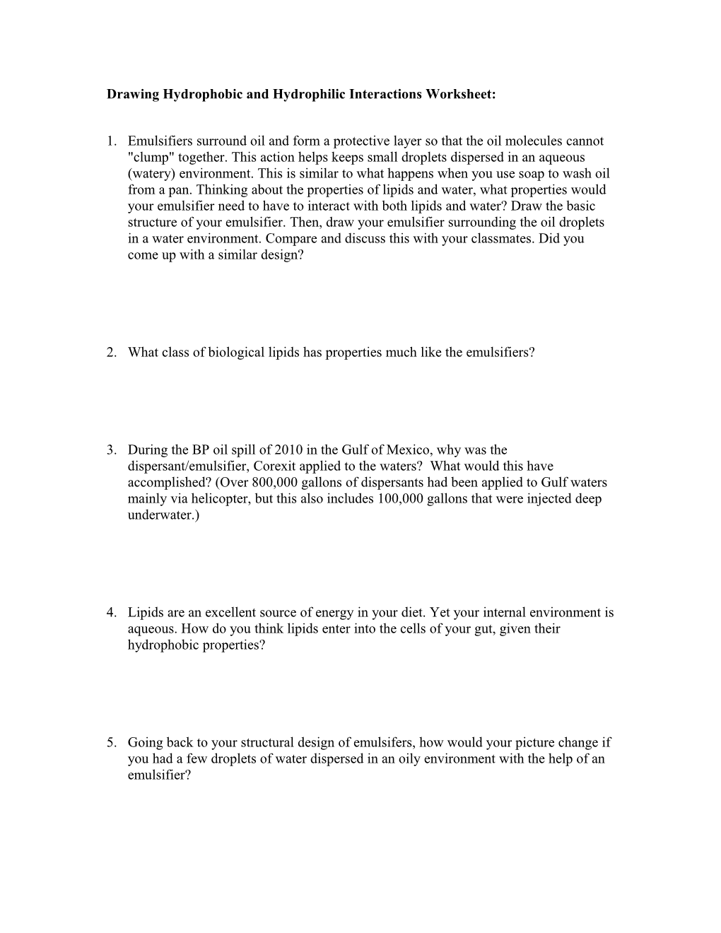 Drawing Hydrophobic and Hydrophilic Interactions Worksheet