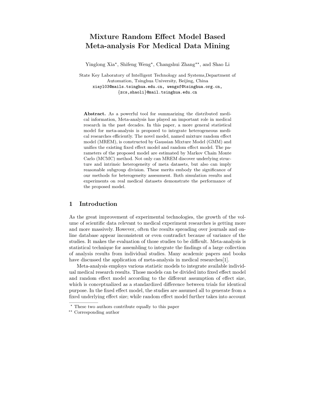 Mixture Random Effect Model Based Meta-Analysis for Medical Data