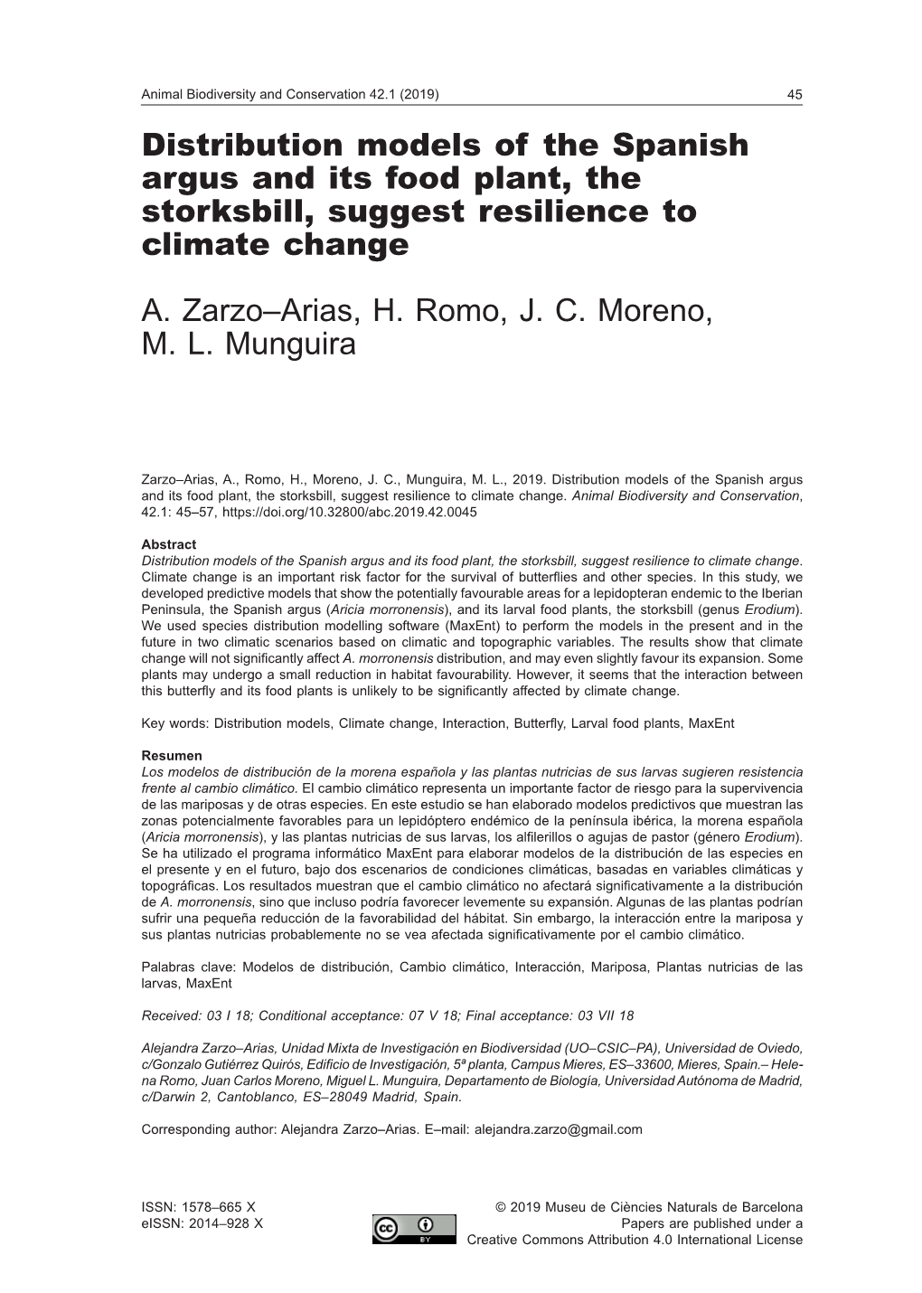 Distribution Models of the Spanish Argus and Its Food Plant, the Storksbill, Suggest Resilience to Climate Change