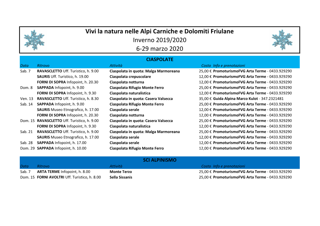 Vivi La Natura Nelle Alpi Carniche E Dolomiti Friulane Inverno 2019/2020 6-29 Marzo 2020 CIASPOLATE Data Ritrovo Attività Costo Info E Prenotazioni Sab
