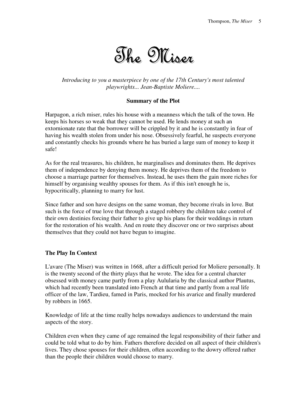 Moliere-The Miser-Synopsis.Pdf