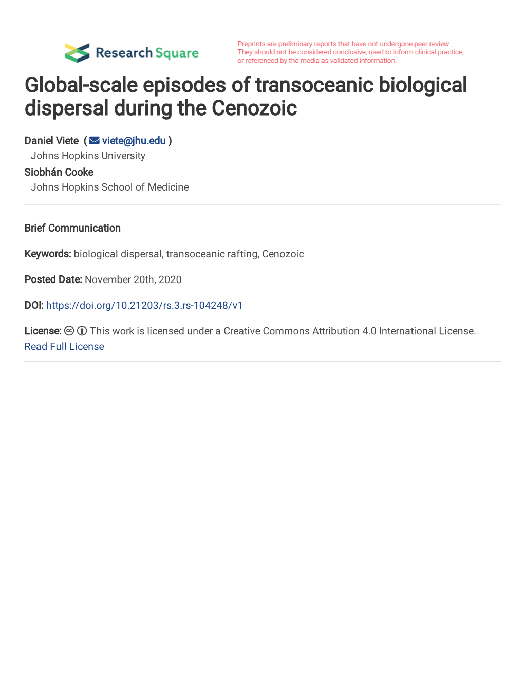 Global-Scale Episodes of Transoceanic Biological Dispersal During the Cenozoic