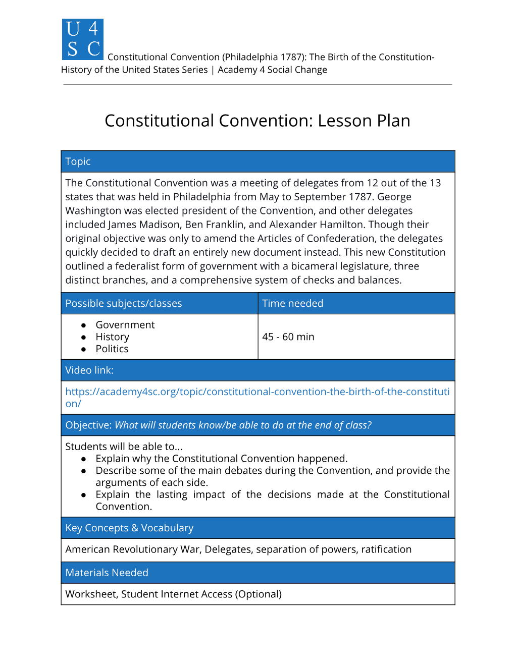 Constitutional Convention: Lesson Plan