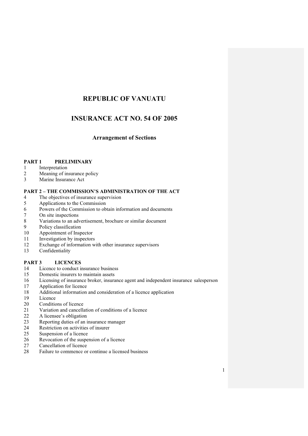 Republic of Vanuatu Insurance Act No. 54 of 2005