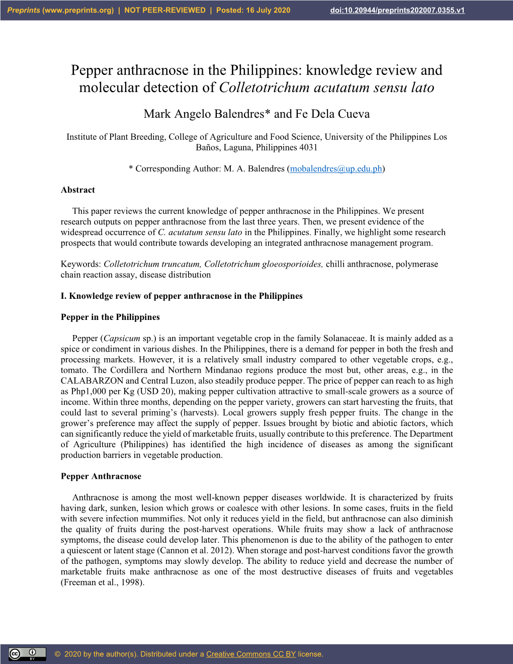 Pepper Anthracnose in the Philippines: Knowledge Review and Molecular Detection of Colletotrichum Acutatum Sensu Lato