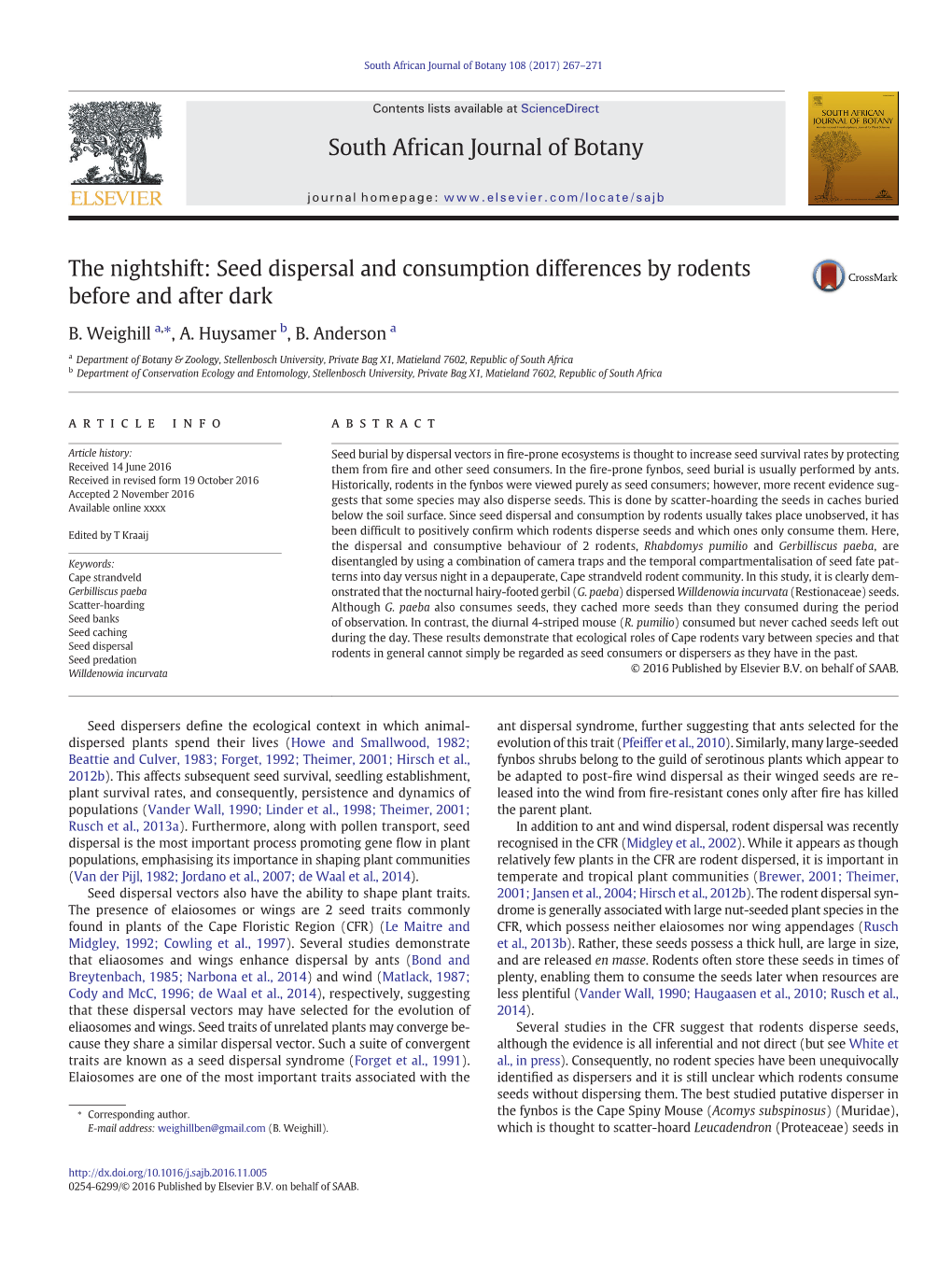 Seed Dispersal and Consumption Differences by Rodents Before and After Dark