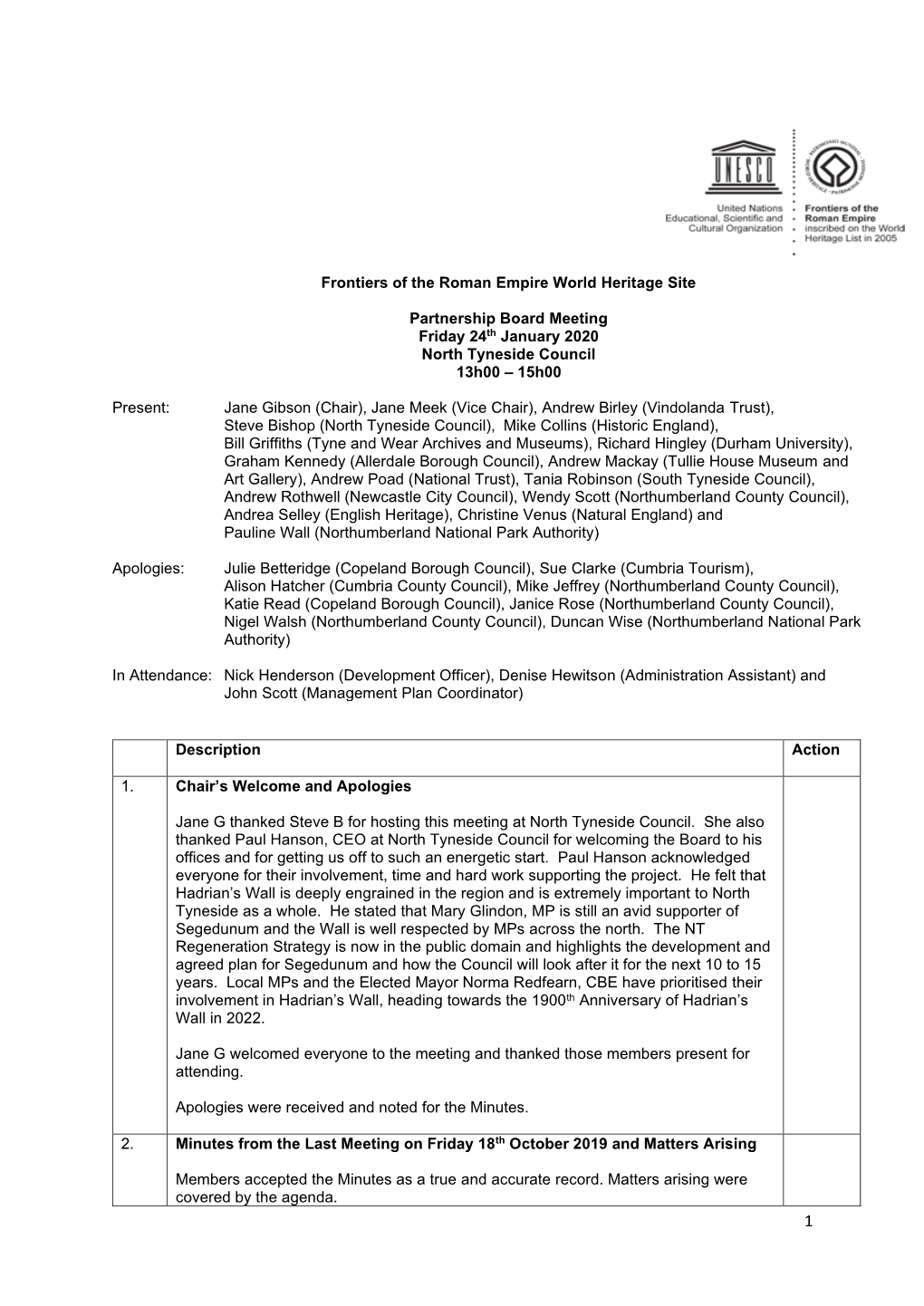 Hadrian's Wall Partnership Board Meeting Minutes Friday 24Th January 2020