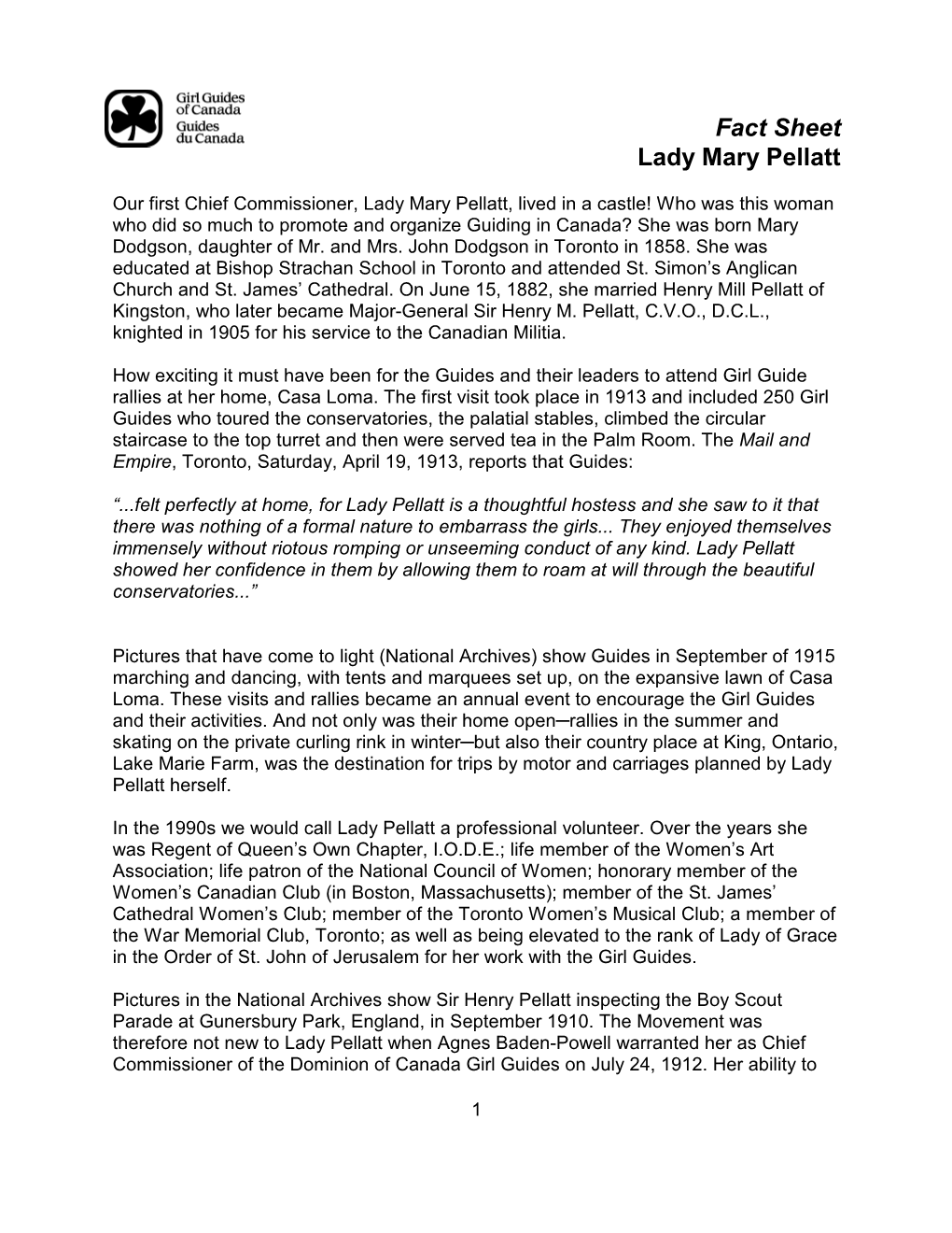 Fact Sheet Lady Mary Pellatt