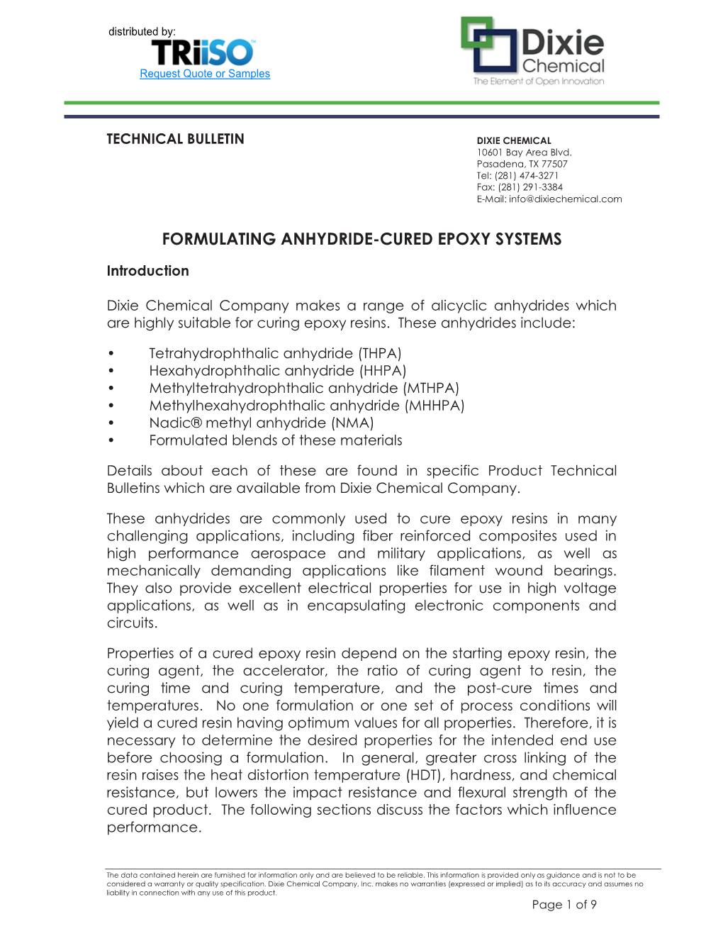 Anhydride Curatives for Epoxy Systems