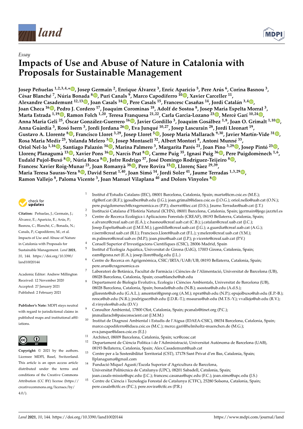 Impacts of Use and Abuse of Nature in Catalonia with Proposals for Sustainable Management