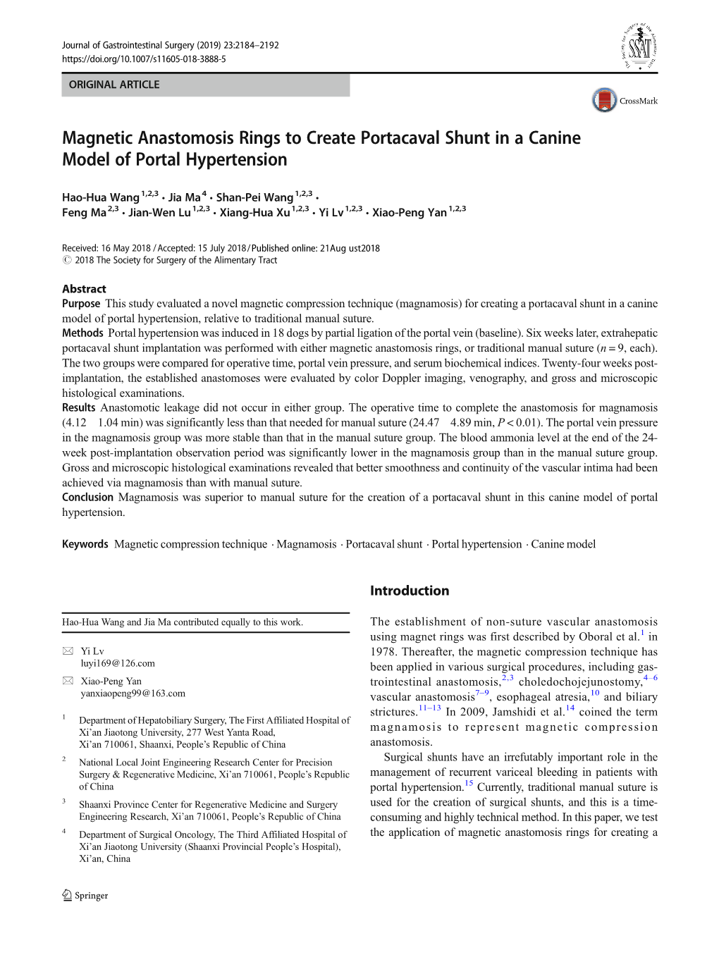 Magnetic Anastomosis Rings to Create Portacaval Shunt in a Canine Model of Portal Hypertension