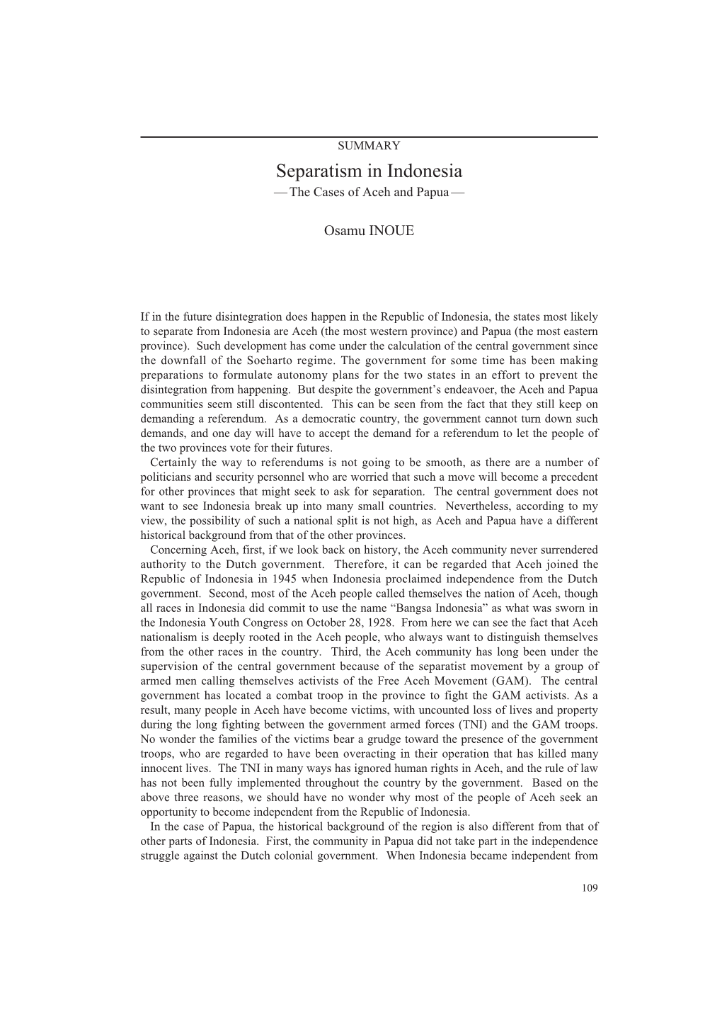 Separatism in Indonesia Ñ the Cases of Aceh and Papua Ñ