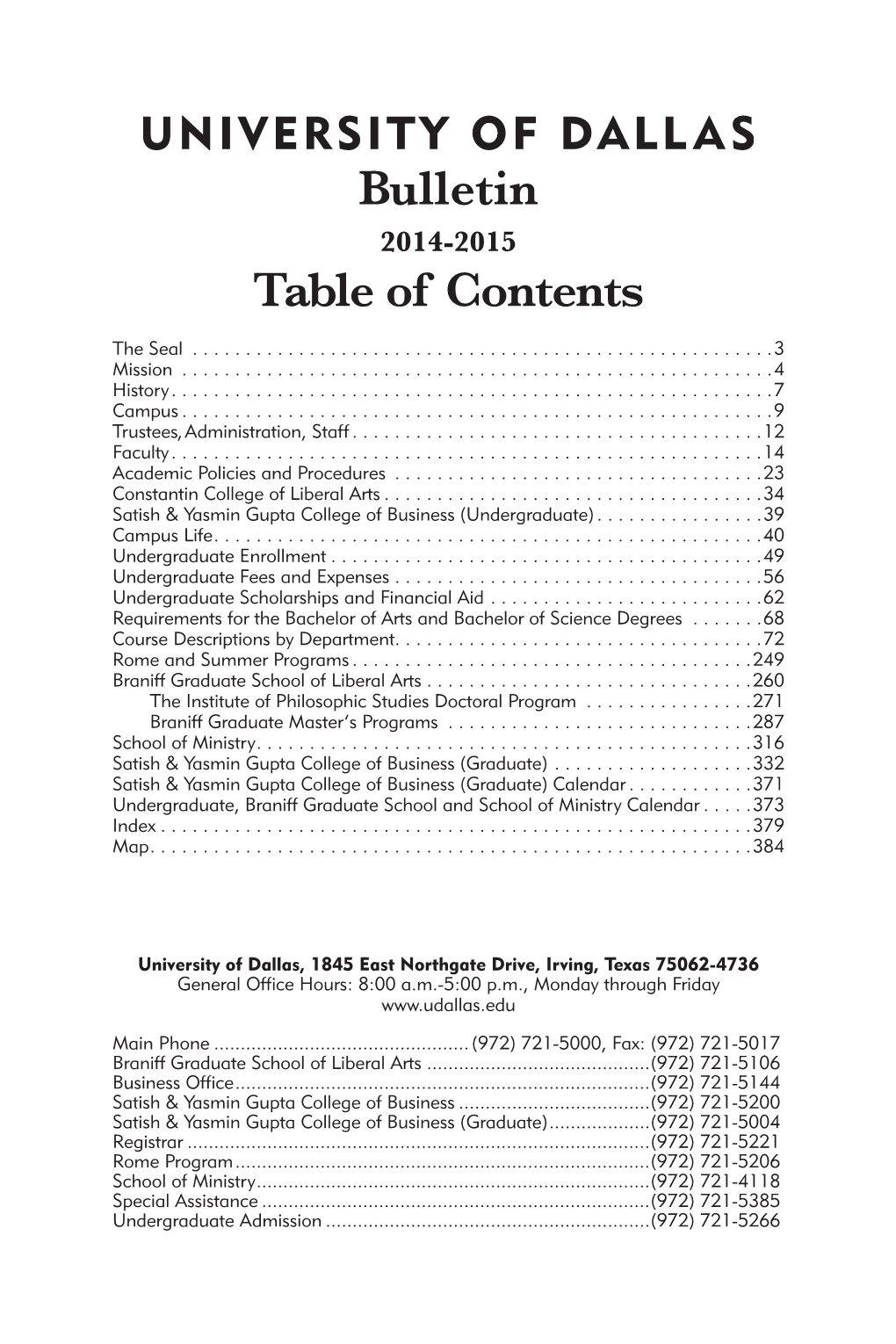 Table of Contents Bulletin