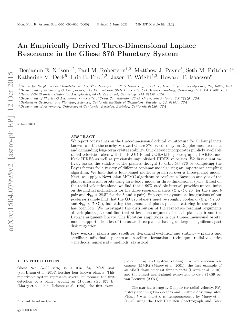 Arxiv:1504.07995V2 [Astro-Ph.EP] 12 Oct 2015 Lee86(G 7)I 0.37 a Is 876) (=GJ 876 Gliese INTRODUCTION 1