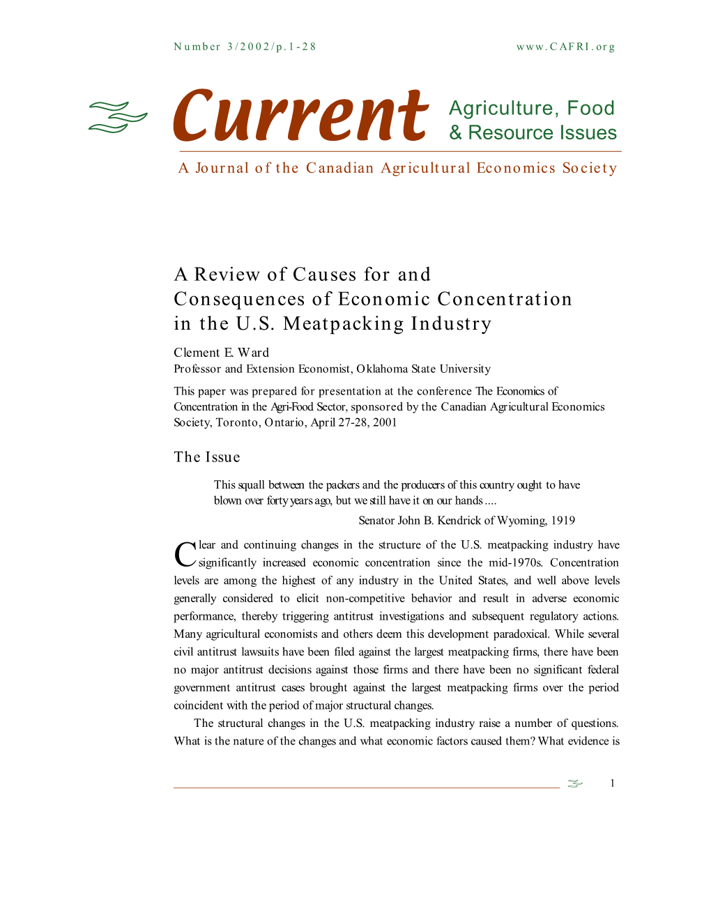 Resource Issues a Journal of the Canadian Agricultural Economics Society