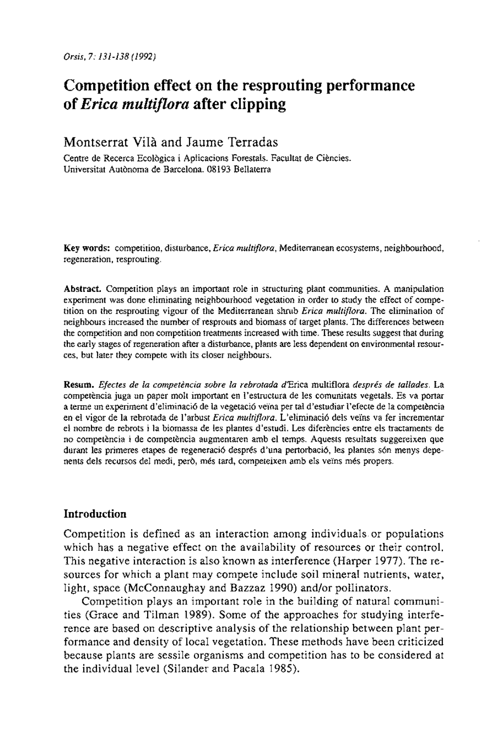 Competition Effect on the Resprouting Performance of Erica Multifora After Clipping