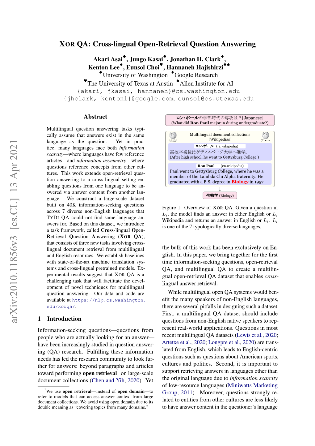 Arxiv:2010.11856V3 [Cs.CL] 13 Apr 2021 Questions from Non-English Native Speakers to Rep- Information-Seeking Questions—Questions from Resent Real-World Applications