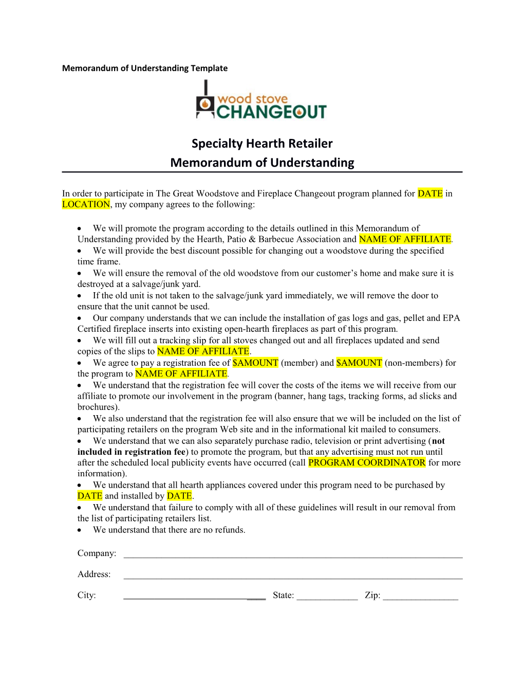 Memorandum of Understanding Template