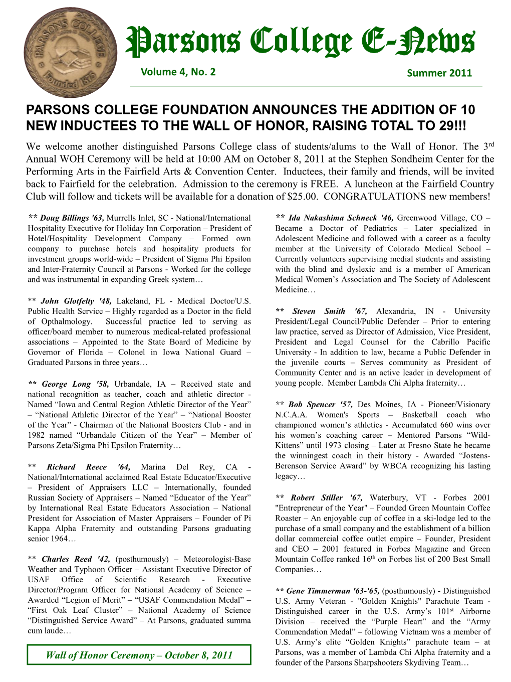 Parsons College E-News Volume 4, No