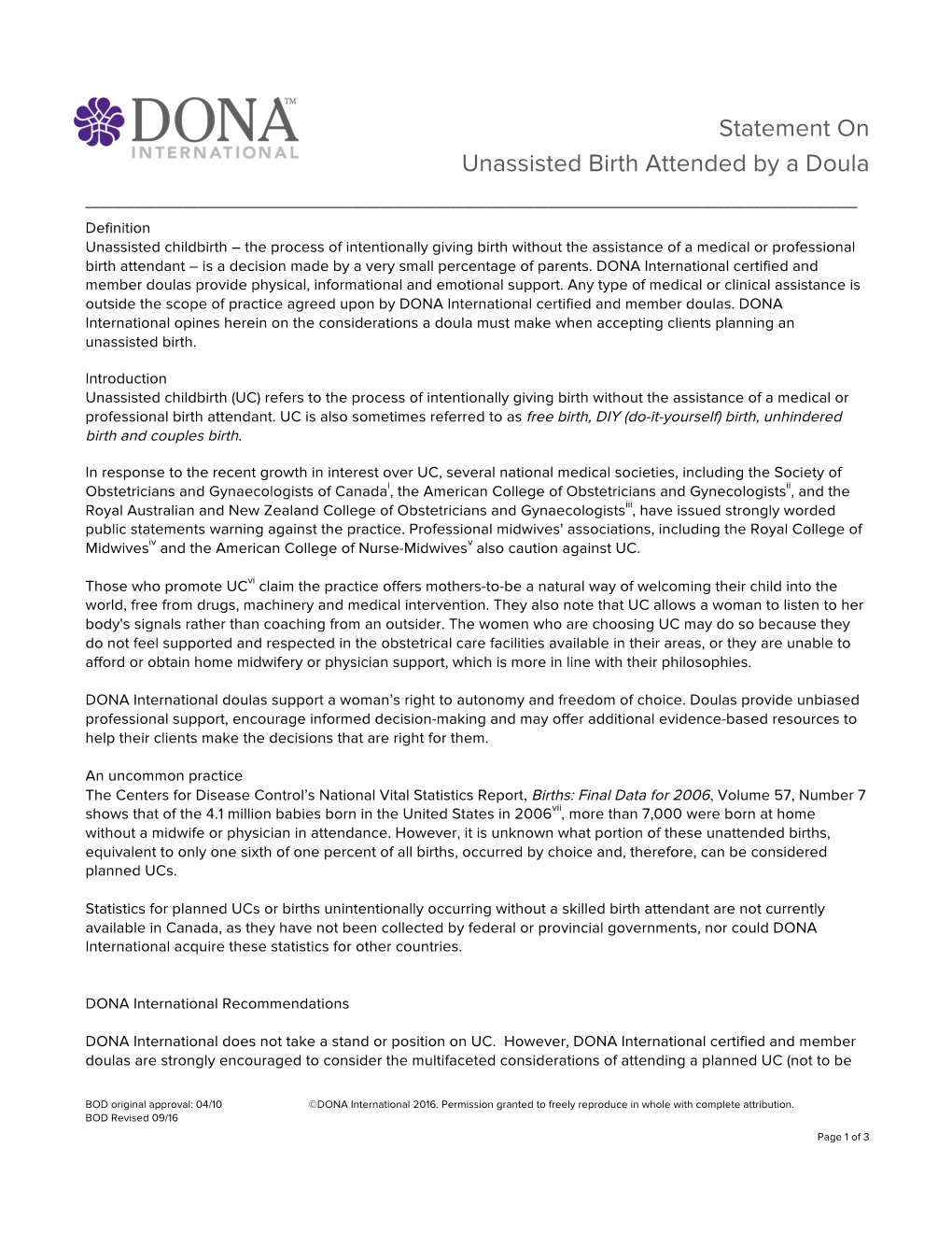 Statement on Unassisted Birth Attended by a Doula