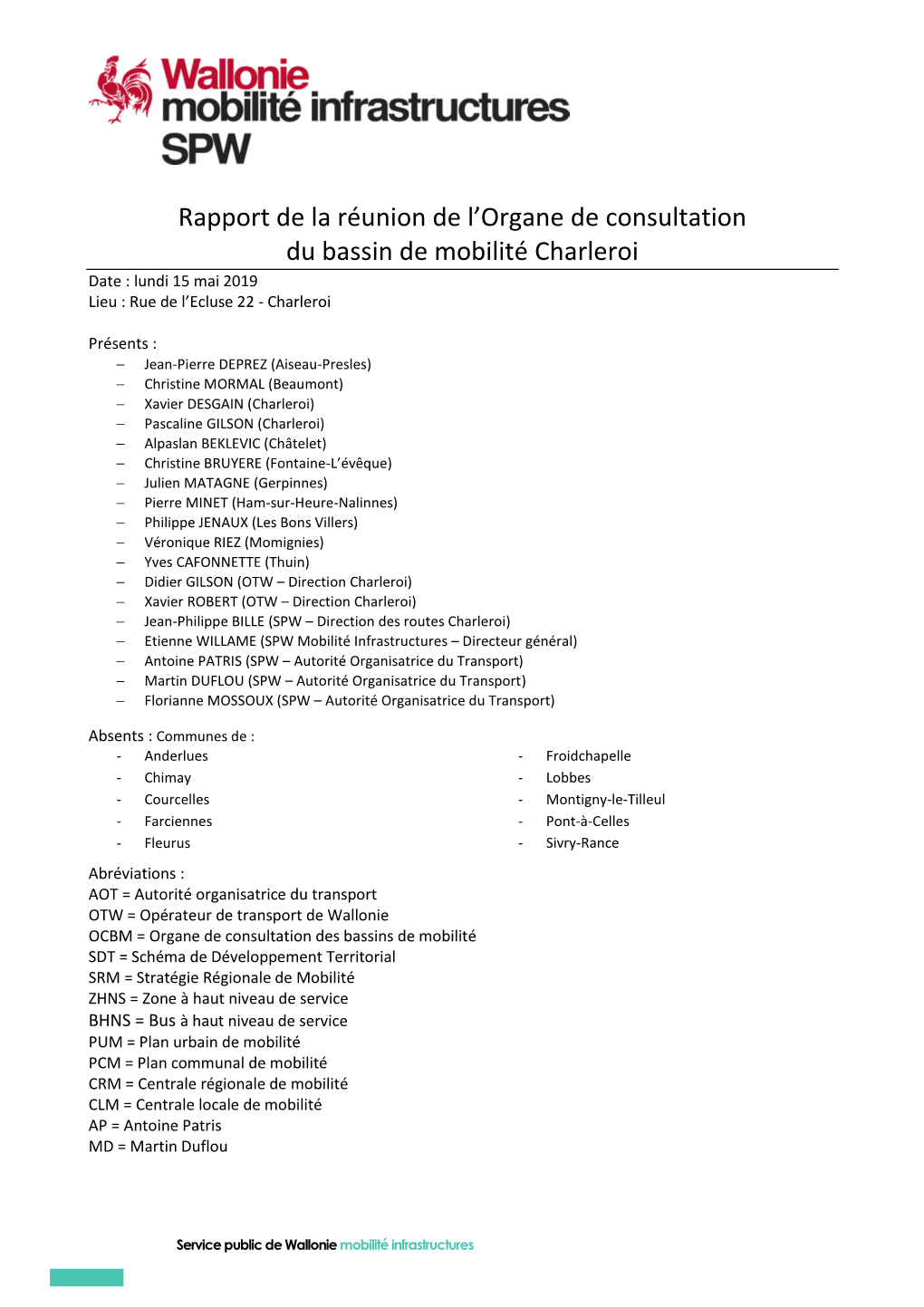 Rapport De La Réunion De L'organe De Consultation Du Bassin De Mobilité