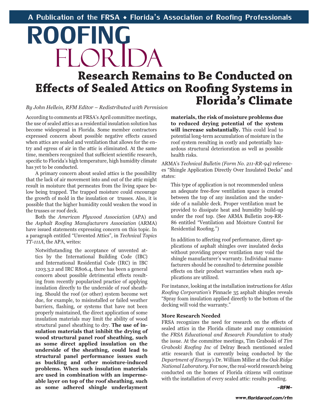 FRSA Article & Technical Advisory on Sealed Attics