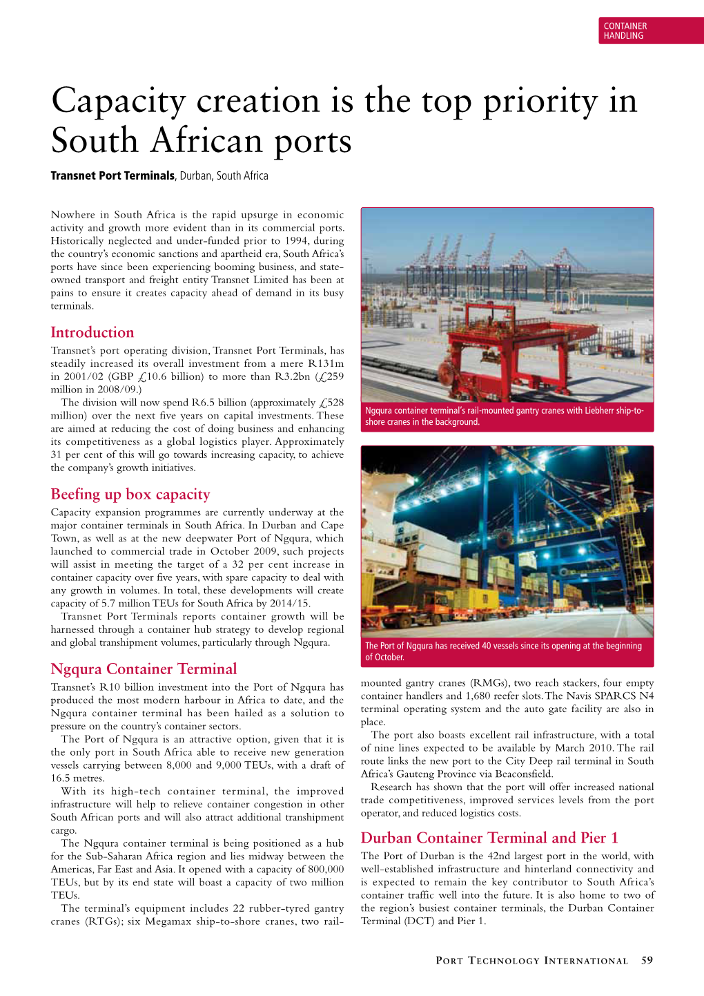 Capacity Creation Is the Top Priority in South African Ports Transnet Port Terminals, Durban, South Africa