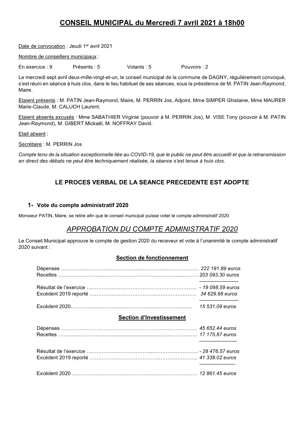 CONSEIL MUNICIPAL Du Mercredi 7 Avril 2021 À 18H00 APPROBATION
