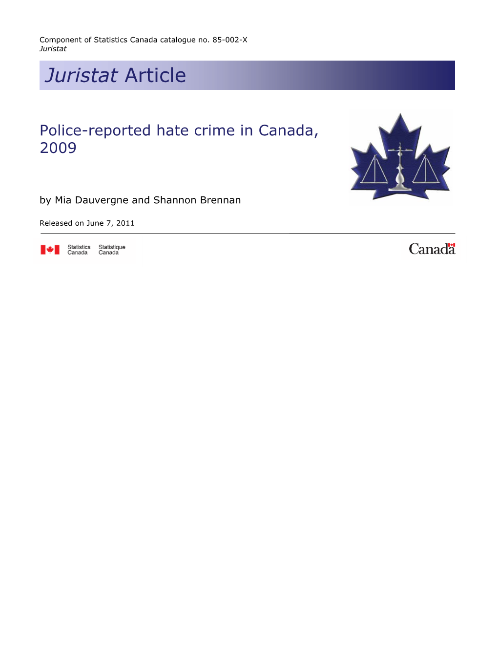 Police-Reported Hate Crime in Canada, 2009