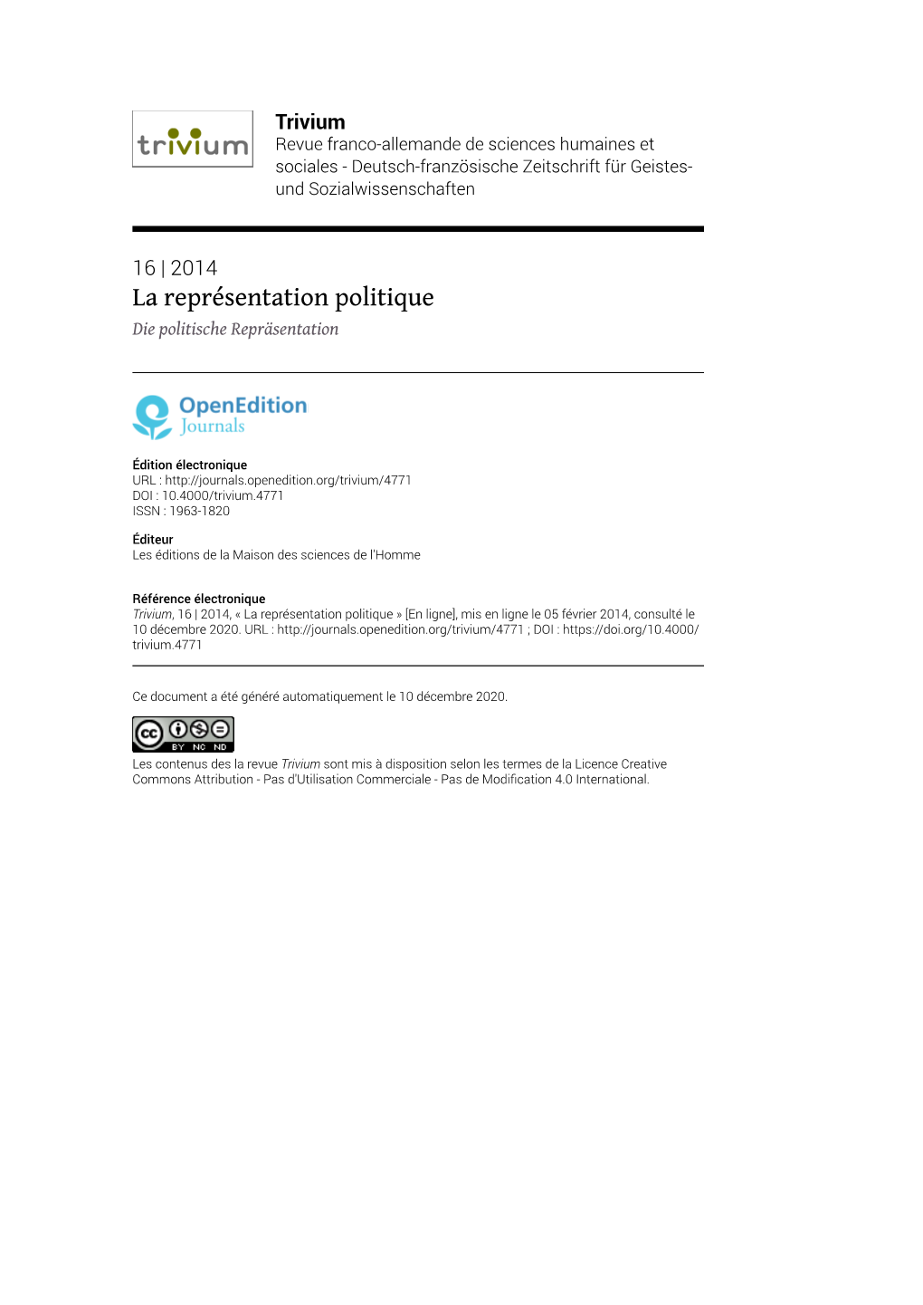 Trivium, 16 | 2014, « La Représentation Politique » [En Ligne], Mis En Ligne Le 05 Février 2014, Consulté Le 10 Décembre 2020