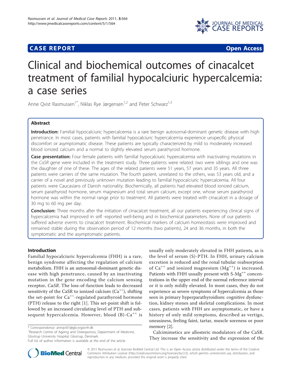 Clinical and Biochemical Outcomes of Cinacalcet Treatment of Familial