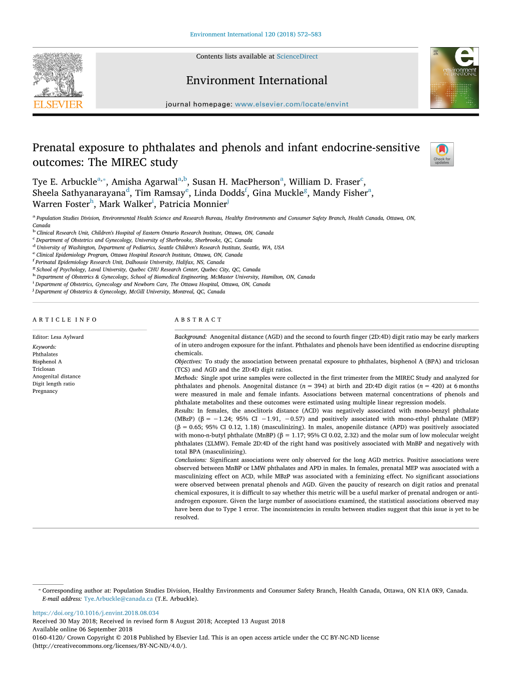 Prenatal Exposure to Phthalates and Phenols and Infant Endocrine-Sensitive Outcomes: the MIREC Study T ⁎ Tye E