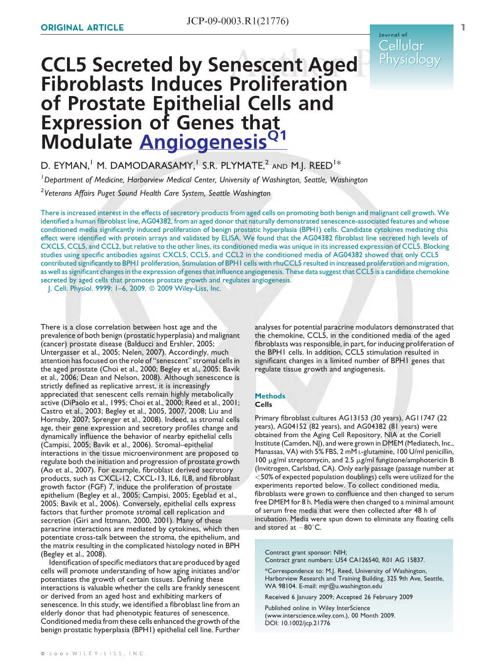 CCL5 Secreted by Senescent Aged Fibroblasts Induces Proliferation of Prostate Epithelial Cells and Expression of Genes That Modu