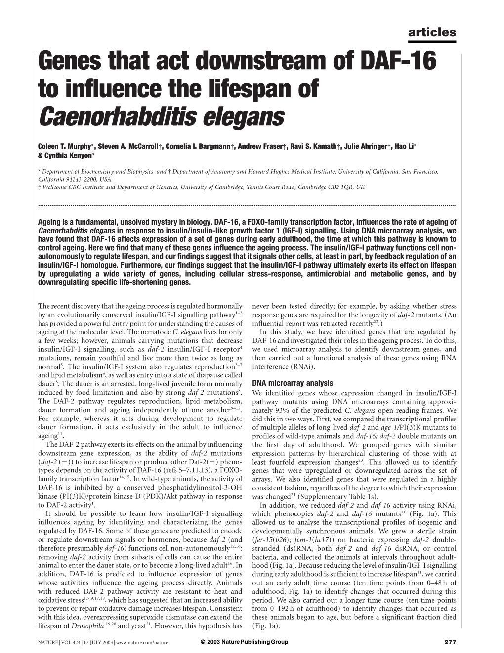 Genes That Act Downstream of DAF-16 to Influence the Lifespan Of