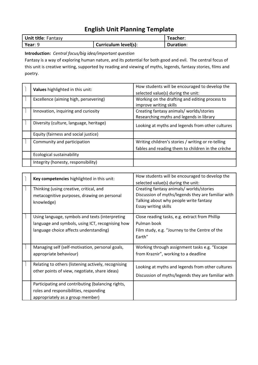 English Unit Planning Template