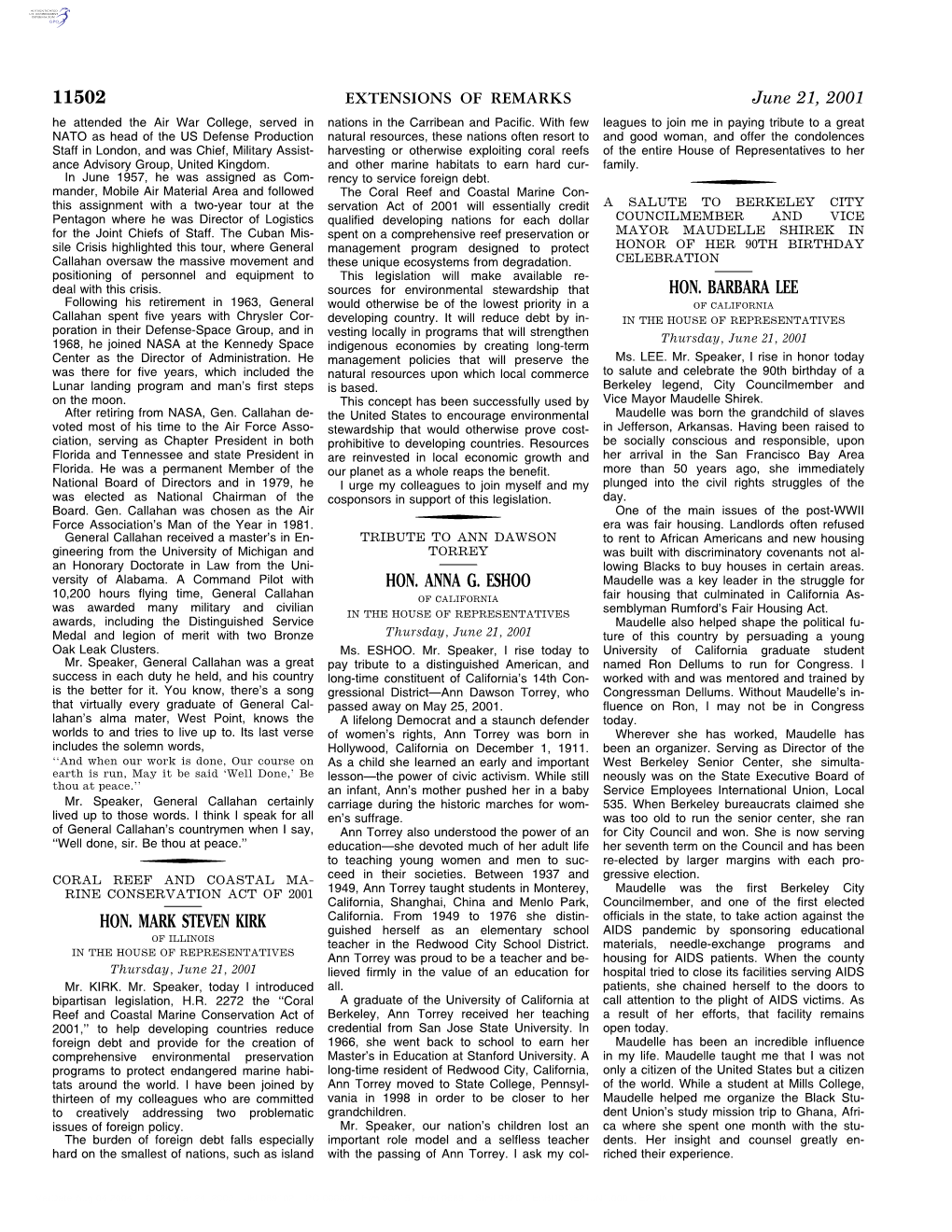 11502 Hon. Mark Steven Kirk Hon. Anna G. Eshoo Hon. Barbara