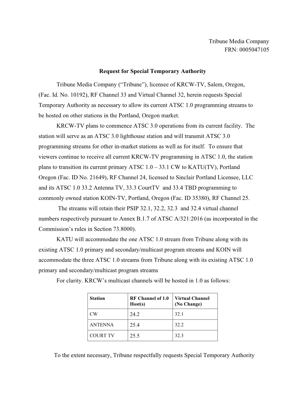 (“Tribune”), Licensee of KRCW-TV, Salem, Oregon, (Fac