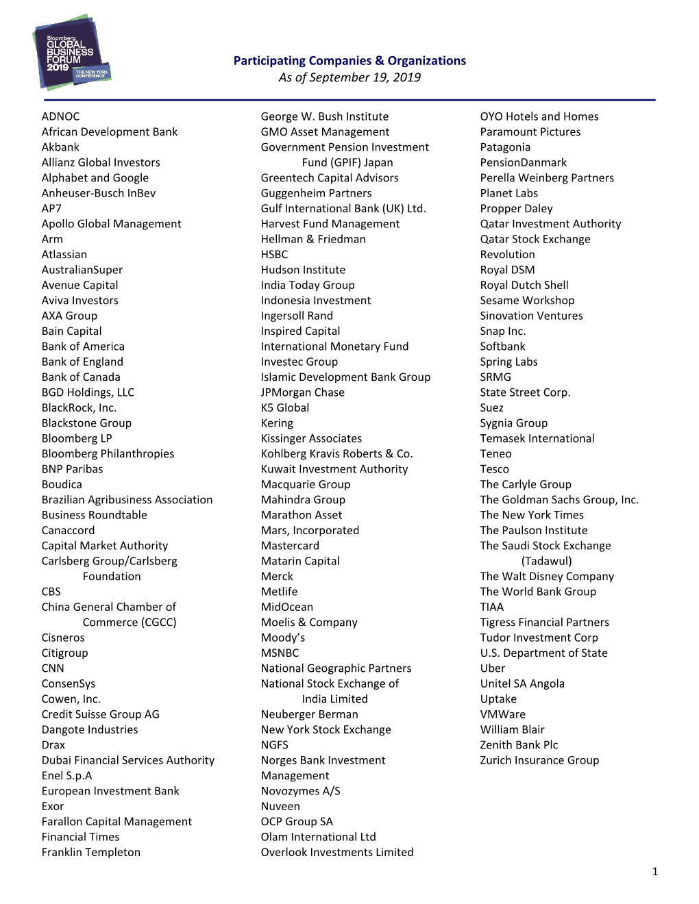 Participating Companies & Organizations As of September 19