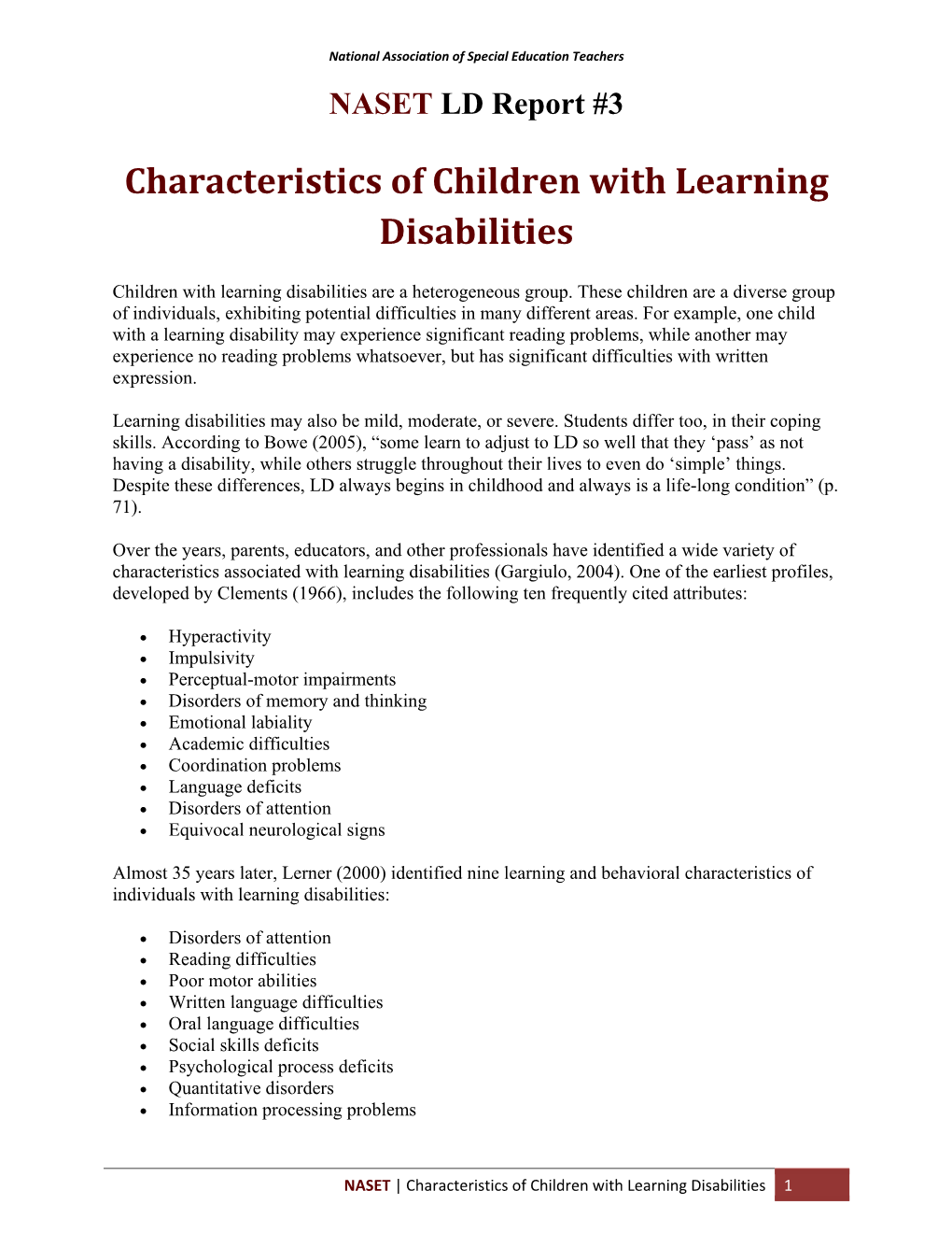 Characteristics of Children with Learning Disabilities