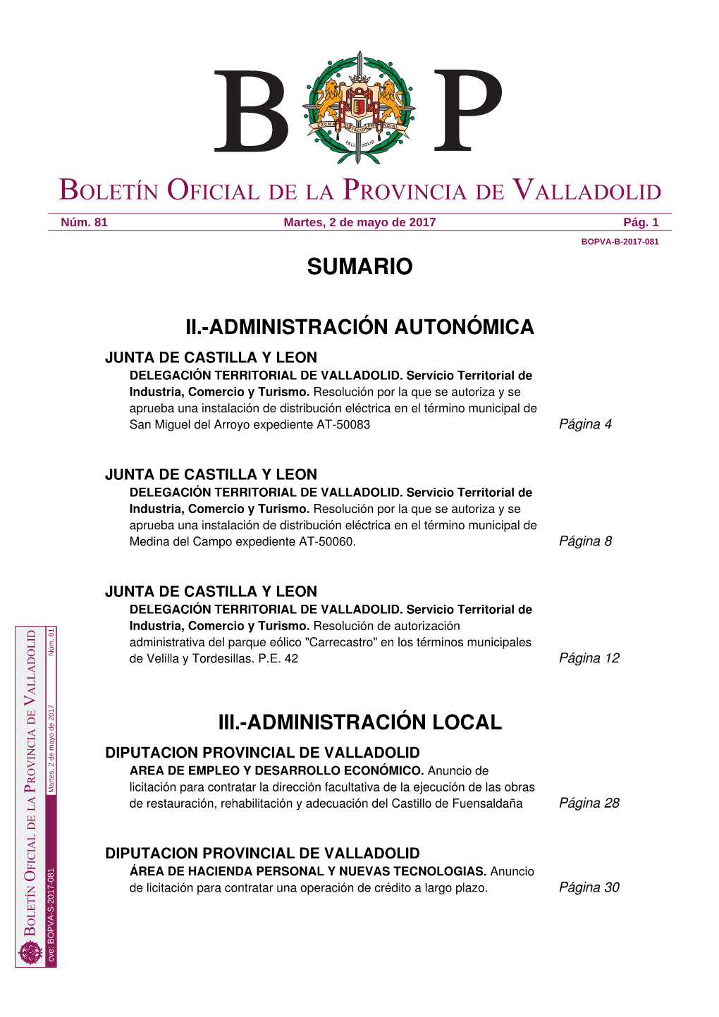 Sumario Boletín Oficial De La Provincia De Valladolid