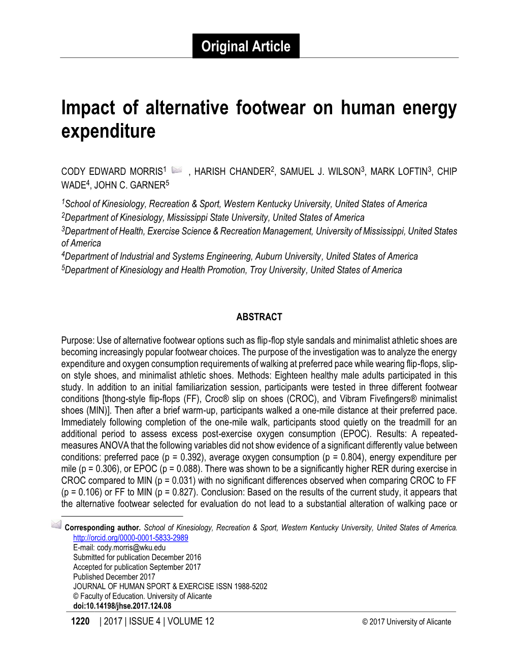 Impact of Alternative Footwear on Human Energy Expenditure