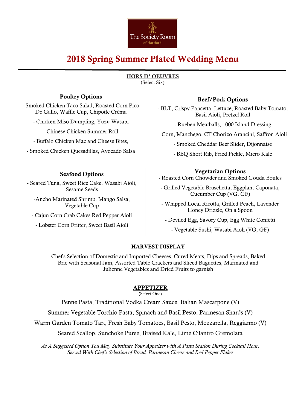 2018 Spring Summer Plated Wedding Menu