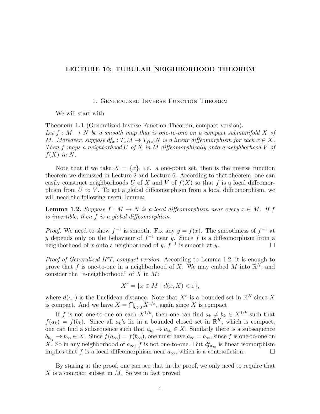 Lecture 10: Tubular Neighborhood Theorem