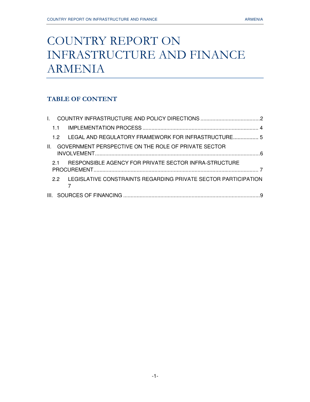 Country Report on Infrastructure and Finance Armenia