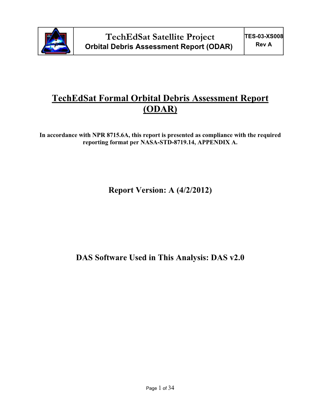 Techedsat Satellite Project Techedsat Formal Orbital Debris