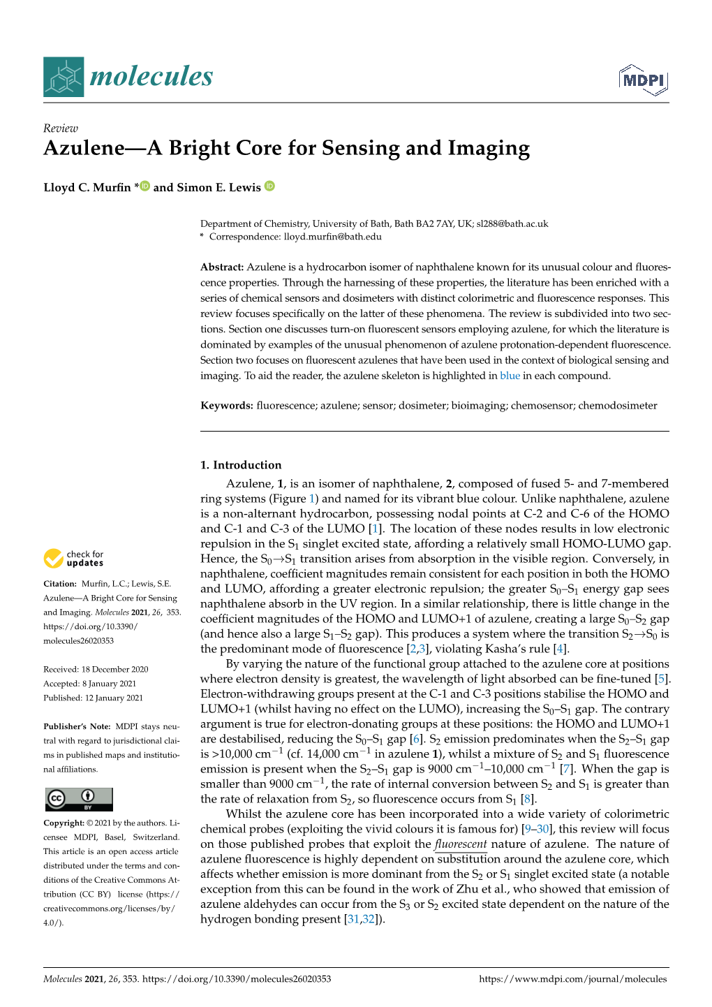 Azulene—A Bright Core for Sensing and Imaging