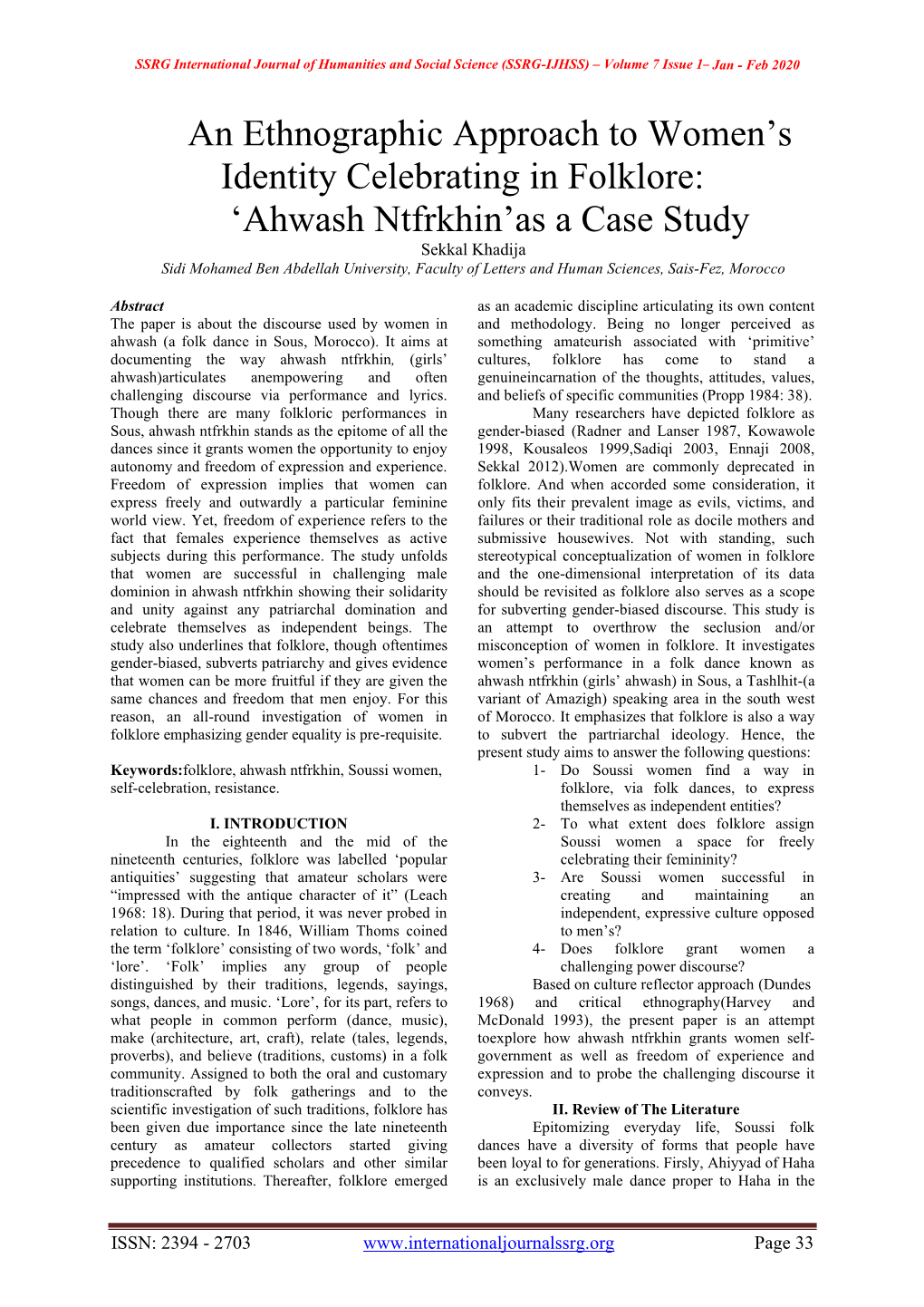 Ahwash Ntfrkhin’As a Case Study Sekkal Khadija Sidi Mohamed Ben Abdellah University, Faculty of Letters and Human Sciences, Sais-Fez, Morocco